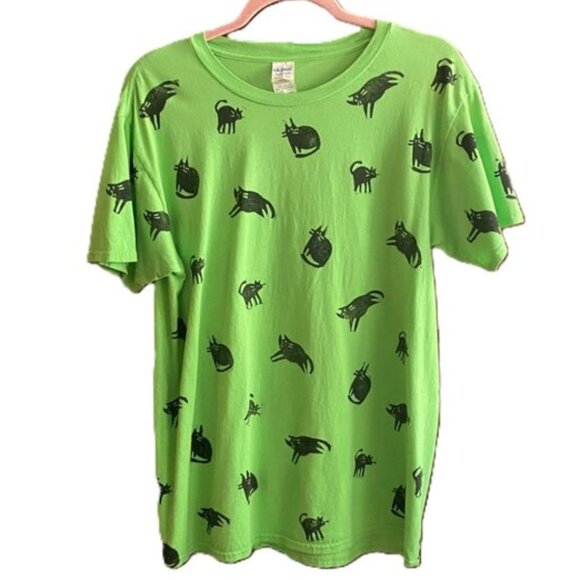 Vintage 90s cats kitty graphic 100% cotton T shirt tee top in green - Picture 1 of 14
